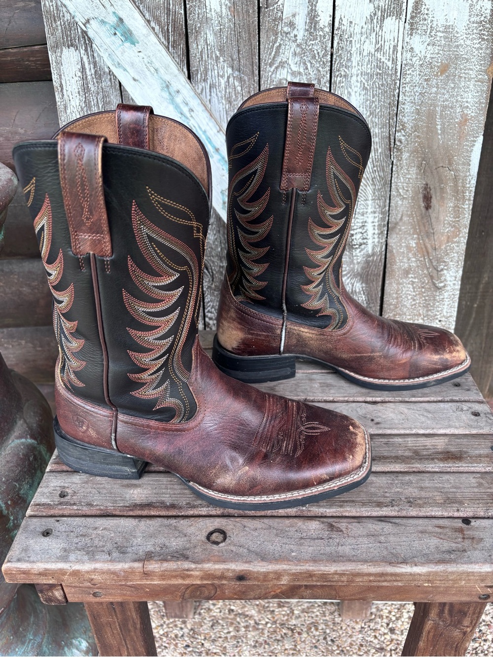 Ariat Boots Western Cowboy Brown Black Leather Men’s 8.5 EE Square Toe *Read*